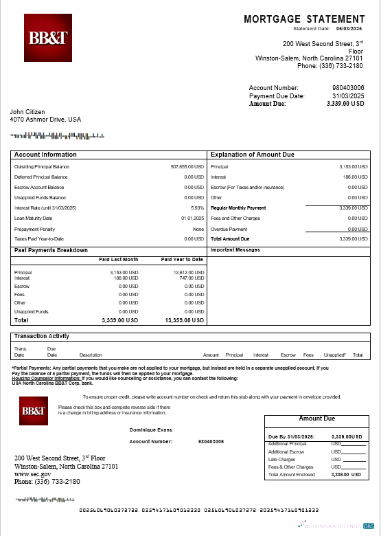 Download USA North Carolina BB&T Corp. bank mortgage statement in Word and PDF formats Photoshop template